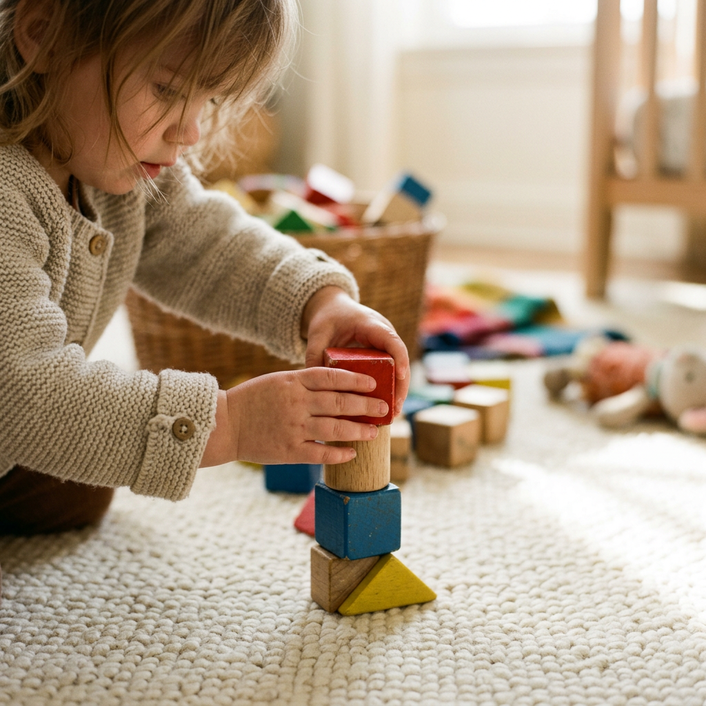 Toddler playing with wooden blocks